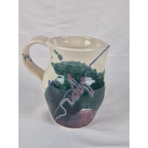 Studio Pottery Hand Painted Abstract Floral Stoneware Pitcher Cream Green Purple